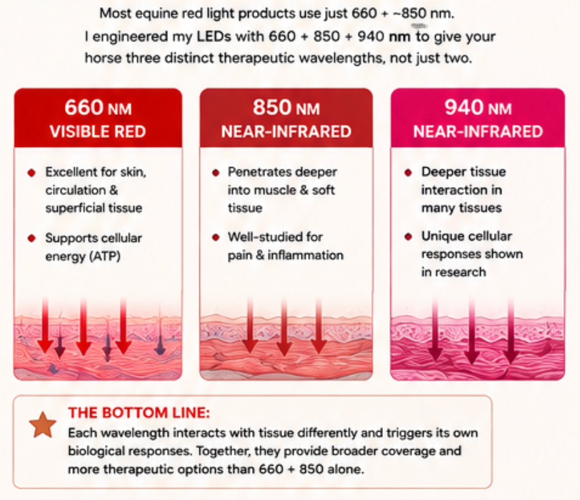 Equine red light therapy guide explaining VanHorn's 660, 850, and 940 nm wavelength design.