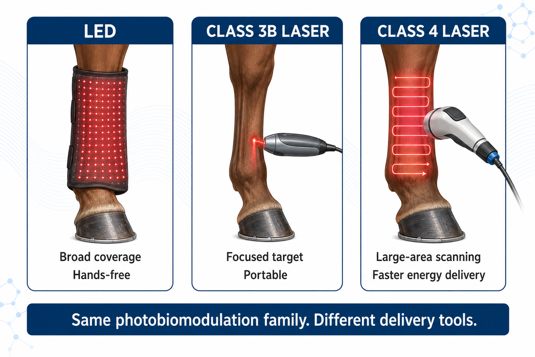 LED versus Class 3B versus Class 4 photobiomodulation for horses