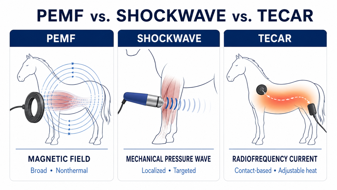 Scientific comparison of PEMF, radial shockwave, and TECAR therapy for horses, showing magnetic, mechanical, and radiofrequency energy delivery.