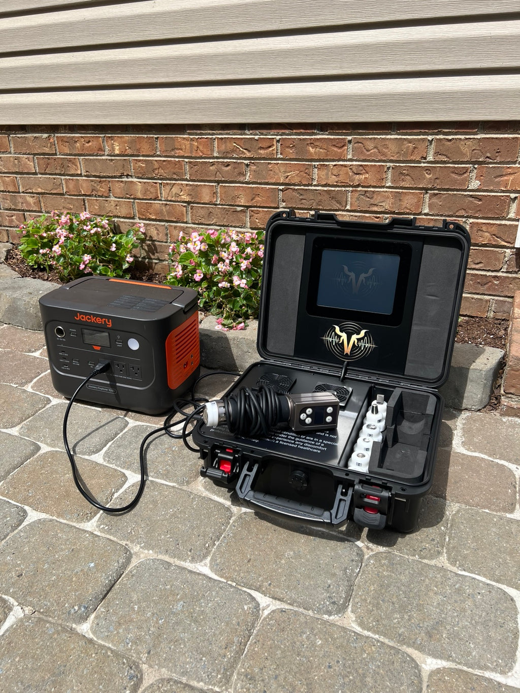 VanHorn equine radial shockwave therapy system open in rugged case with handpiece and treatment tips